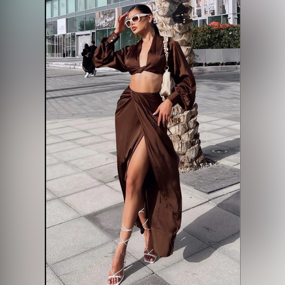 Fashion Nova Chocolate Maxi Skirt and cropped Top set